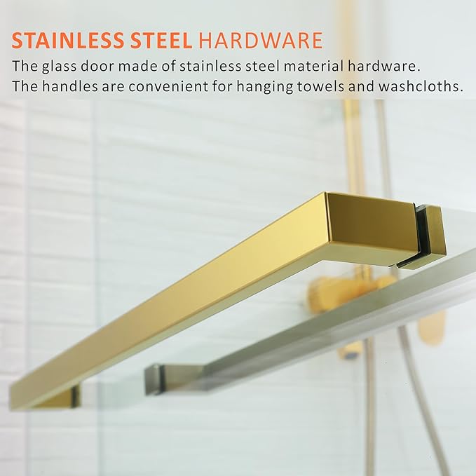 Brushed Gold Shower Door Tub with 3/8" (10mm) Clear SGCC Tempered Glass,56-60'' W x 62'' Frameless Double Sliding Bathtub Glass Shower Door,Anti-Rust Stainless Steel Handles