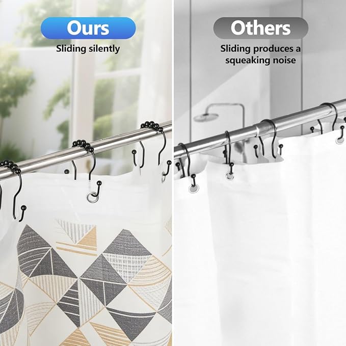 Shower Curtain Hooks, Sturdy Metal Black Shower Curtain Rings, Glide Roller Double Shower Hooks, Rust Proof Anti-Drop Curtain Hooks, 12 Pcs Smooth Sliding Rings for Bathroom Shower Rods Curtains