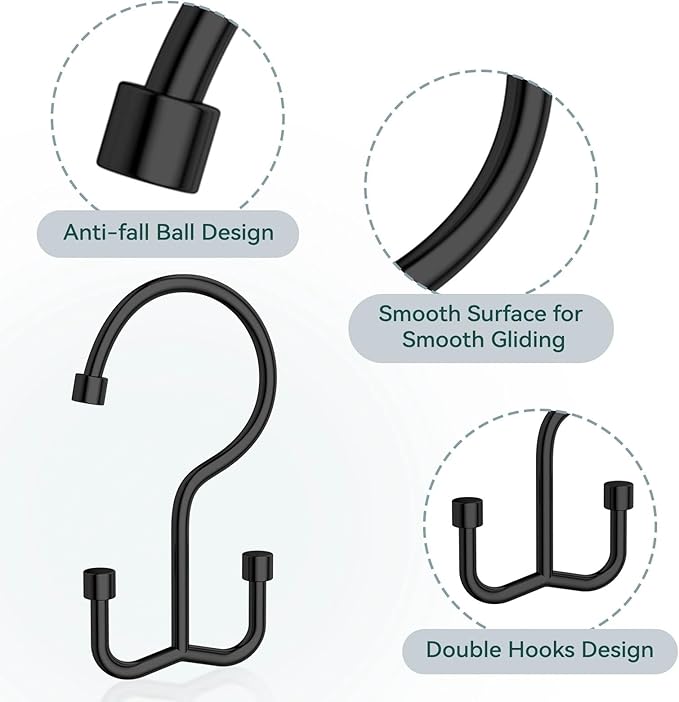 Goowin Shower Curtain Hooks, Shower Curtain Rings, Durable Black Shower Curtain Hooks Rust Proof, Shower Rings for Curtain, Double Glide Shower Hooks for Shower Curtain, Black, 24 Pack-Cylinders