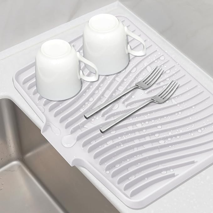 Silicone Dish Drying Mat, Large Dish Kitchen Drying Mat, White Heat Resistant Dish Drying Pad for Kitchen Counter with Built-in Drain (20" x 15")