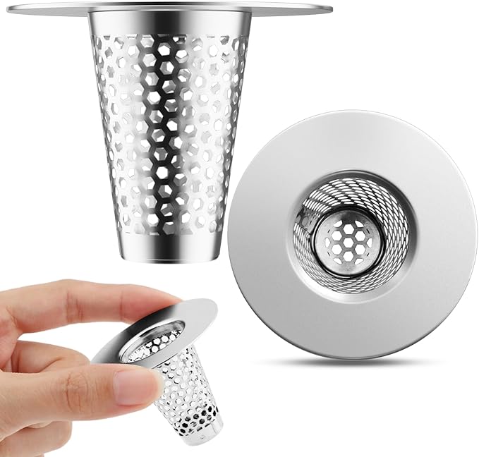 2Pack Bathroom Sink Drain Strainer, Reusable Sink Strainer Bath Tub Hair Catcher, Stainless Steel Cone Shaped Floor Drain Replacement Fit Hole Size 1.2"-1.6"