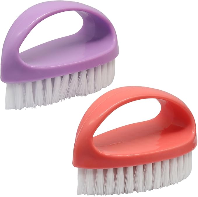 Hordion 2 Pack Hand Nail Brush, Heavy Duty Scrub Brush Nylon Stiff Bristles Small Cleaning Brush with Handle for Bathroom Showe Sink Kitchen Bathtub Floor(Purple, Pink)