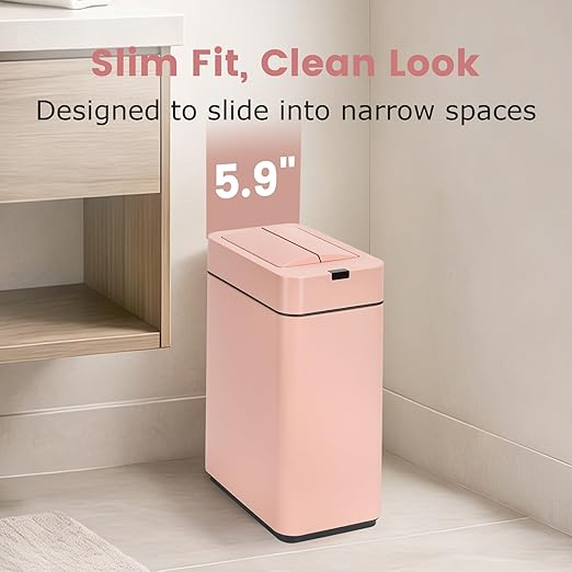 Sensor Trash Can with Butterfly Lid 2.6 Gallon Rectangular Automatic Garbage Can, Stainless Steel Trash Bin, Slim Waterproof Wastebaskets with Lid Soft Close for Under Counter, Pink