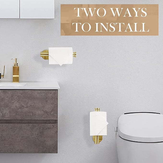 Toilet Paper Holder - Self Adhesive Toilet Paper Holder Wall Mount for Bathroom, SUS 304 Stainless Steel Command Strip Toilet Paper Roll Holder Stick On Wall, No Drilling - Brushed Gold（2 Pcs）