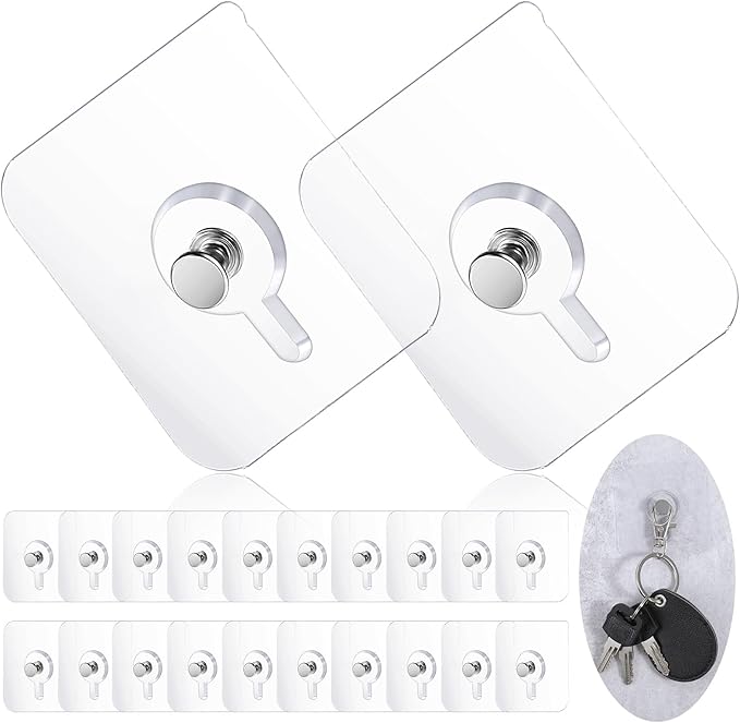 20Pcs Heavy Duty Self Adhesive Hooks, No-Trace Sticker Frame Hangers Without Nails for Mount Wall Shelf, Transparent Self Adhesive Shower Hooks for Keys, Bathroom, Shower, Outdoor