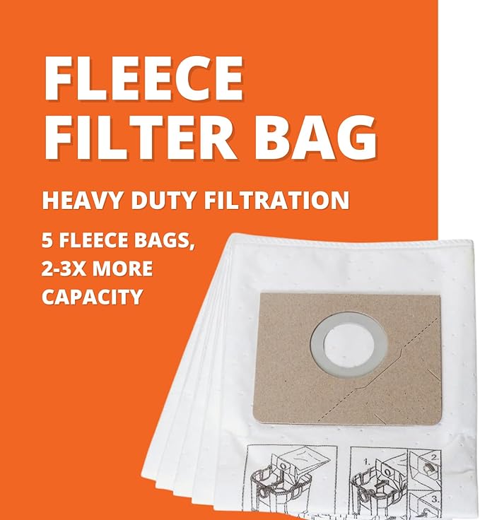 Fein Nonwoven Fleece Filter Bag for Turbo I Dust Extractors - Holds 2-3x More than Regular Filter Bags, Tear-Resistant Material, Dustex 25 L Model, 5-Pack - 31345061010