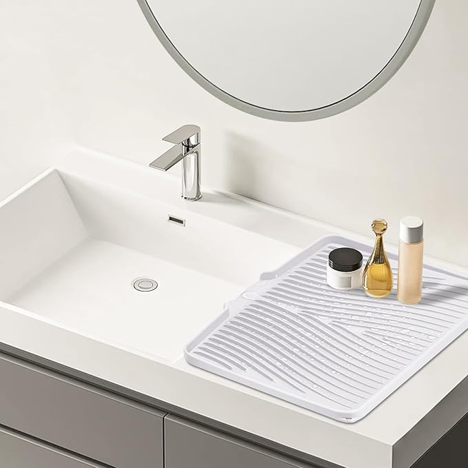 Silicone Dish Drying Mat, Stone Drying Mat for Kitchen Counter with Built-In Drain, Non-Slip Drain Pad with Built-in Drain, Heat Resistant Stone Drying Mat, White-2pcs, 20" x 15"