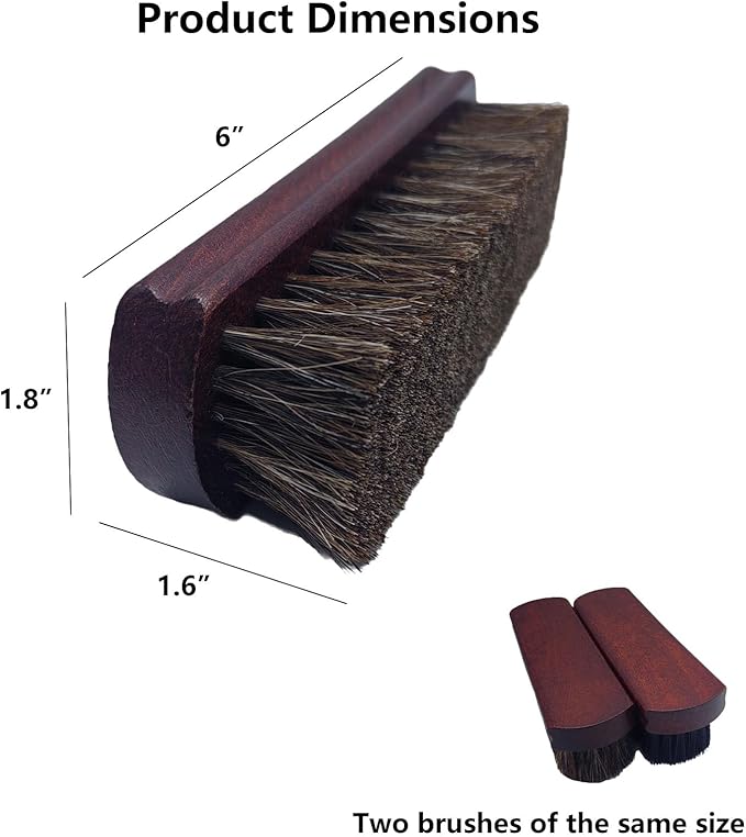 Shoe Cleaning Brush Set of 2 Brushes with Horsehair and Nylon Bristles, 6" Concaved Handle for Premium Grip, Wooden Sneaker Brush for Leather, Boot, Canvas, Sneaker, Textile