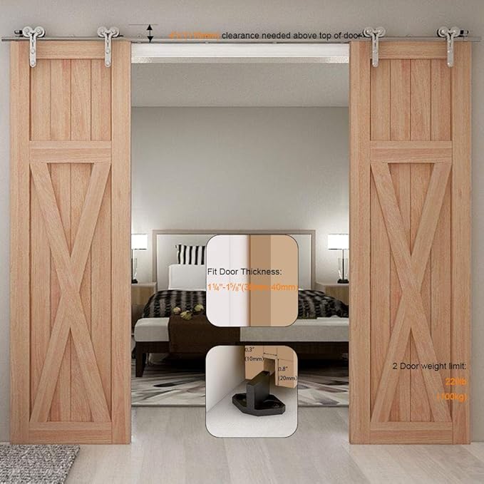 TSMST 14FT Sliding Barn Door Hardware Kit, Top Mount Stainless Steel Heavy Duty Sturdy Barn Door Track for Double Wood Door, Slide Smoothly Quietly (Y Style)