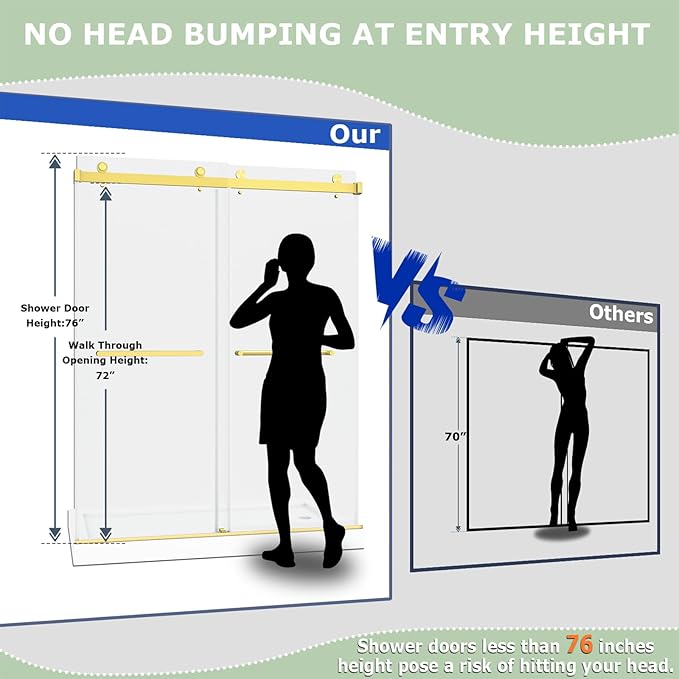 49"- 54" W x 76" H Frameless Shower Door, Double Sliding Shower Door,5/16"(8mm) Clear Tempered Glass,Easy Sliding Shower Door with Explosion-Proof Film (Brushed Gold 54" Wx76 H)
