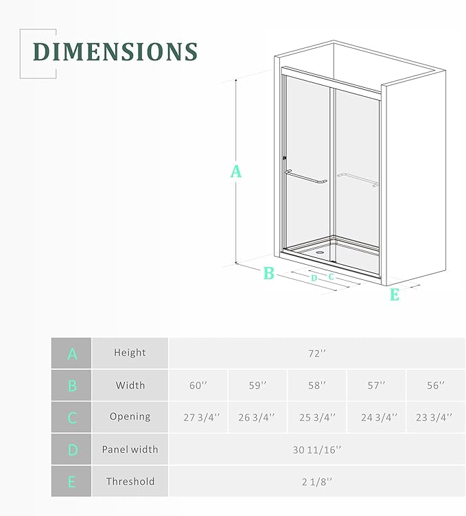 Brushed Nickel Shower Glass Door,56-60 x 72 inch Bathroom Sliding Door with 1/4'' Clear Tempered Glass,Double Sliding Shower Doors for Walk-in Shower,Semi-Frameless Shower Door