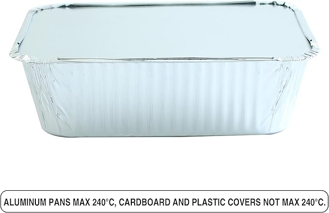 PARTY BARGAINS 5 lb Aluminum Pans with Board Lids, 50 Pack – 9 x 7 in Disposable Foil Roasting & Steam Table Pans for Catering, Takeout, Meal Prep, Oven Safe up to 240°C