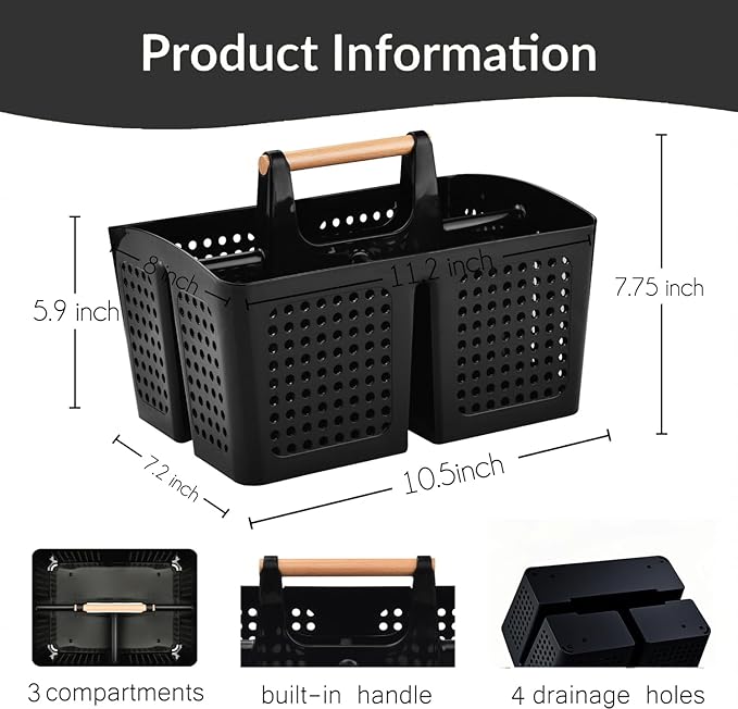 Portable Shower Caddy Basket with Compartments, Plastic Divided Cleaning Caddy Organizer Storage Tote with Handle for Bathroom, College, Dorm Room Essentials, Black