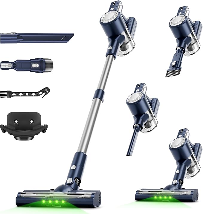 Cordless Vacuum Cleaner for Home: 6-in-1 Stick Vacuum with Powerful Suction, Rechargeable, Anti-Tangle Pet Hair Brush, Self-Standing, Green LED Headlight Vacuum for Carpet & Hardwood Floors-Dark Blue