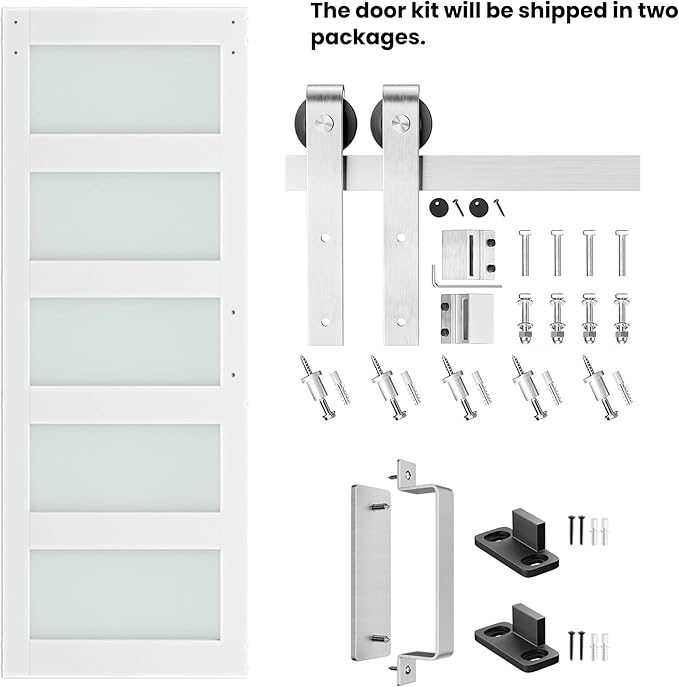 34'' x 84'' Glass Barn Door and 6 Ft Brushed Nickel Hardware Kit Included, MDF White Barn Door Slab with Frosted Glass, PVC Surface, Combined with Handle and Floor Guide-Assembly Required