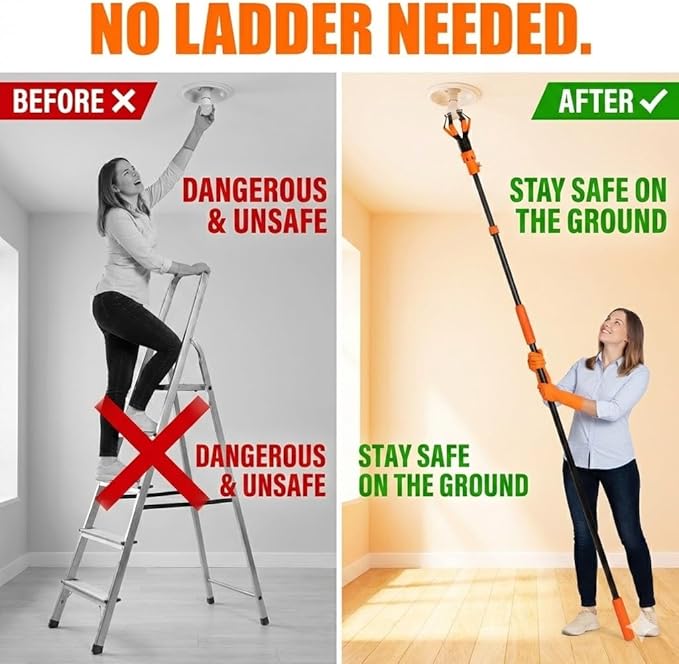 20FT Light Bulb Changer for High Ceilings, 10PCS Extension Pole Kit with 360° Adjustable Bulb Grabber, Ceiling Fan Duster & Window Cleaner, No Ladder Needed