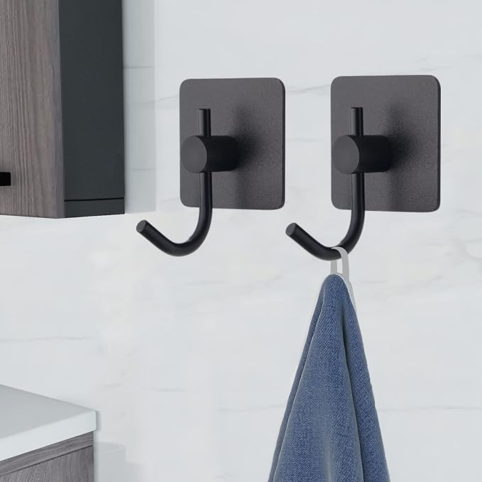 VAEHOLD 6 Pack Adhesive Wall Hooks, Heavy Duty Sticky Holder Aluminum Towel Hooks for Hanging Coat, Hat, Key, Clothes, Closet Hook Wall Mount for Kitchen, Bathroom, Office (Black)