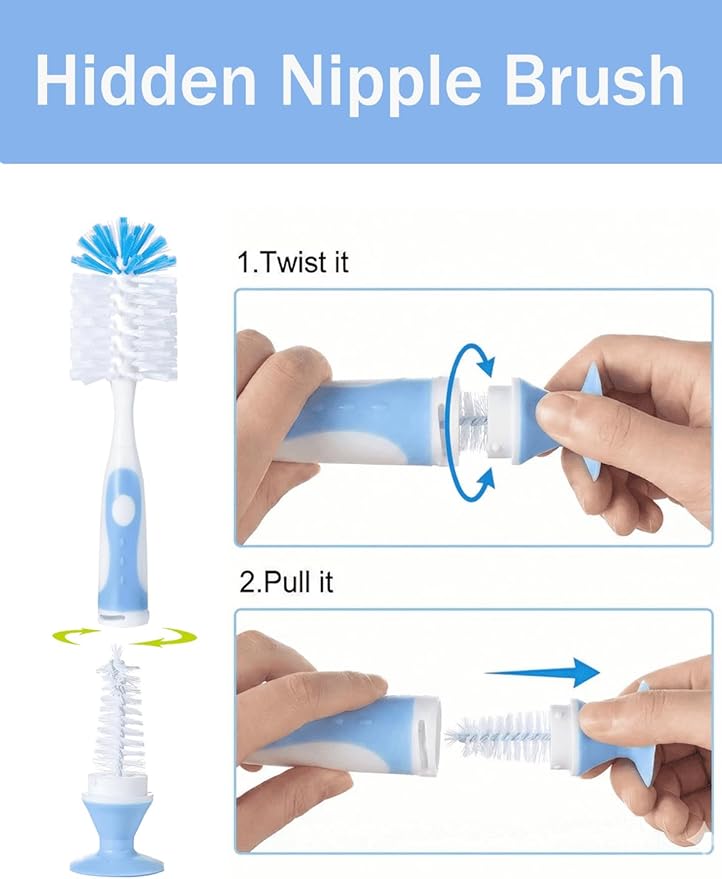 Baby Bottle Brush Set, Bottle Cleaner,2Pcs Bottle Brush with Stand, 2 Hidden Nipple Brush, 2 Straw Brush, 1 Lid Brush, Nylon Bottles Brush Cleaner for Baby Bottle, BPA-Free(Blue)