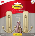 Command Large Satin Brass Double Hooks, 2 Hooks and 2 Strips, Damage-Free Wall Hook with Adhesive Strips, No Tools Coat Hook for Hanging Home Decor, Holds up to 4 lb