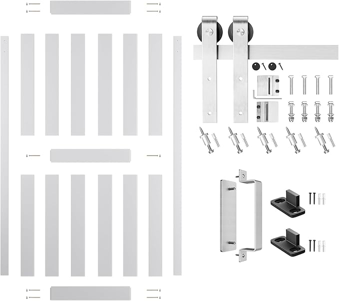 42''x84'' Sliding Barn Door with 7 Ft Brushed Nickel Hardware Kit& Handle& Floor Guides,Pre-Drilled Holes Easy Assembly - Include Installation Manual, Water-Proof PVC Surface, H-Frame