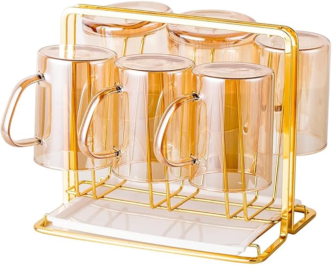 Metal Cup Drying Rack with 6 Hooks, Bottle Drying Rack with Drain Tray,Coffee Mug Holder,Mug Organizer Golden
