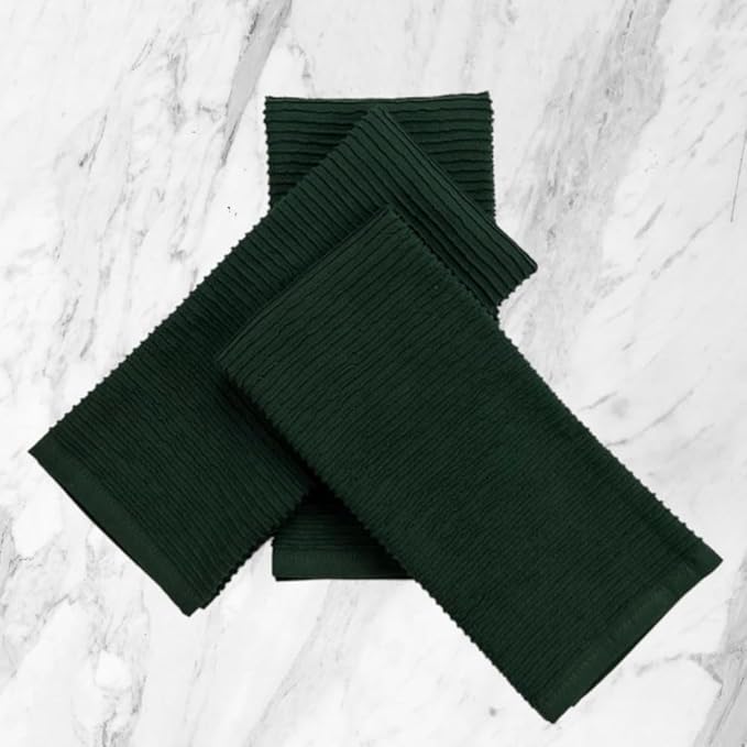 Serafina Home Dark Green Kitchen Hand Dish Towels: 100% Cotton Cloth Soft Cleaning Drying Absorbent Ribbed Terry Loop, Set of 3 Multipurpose for Everyday Use Oversized 18" x 28"
