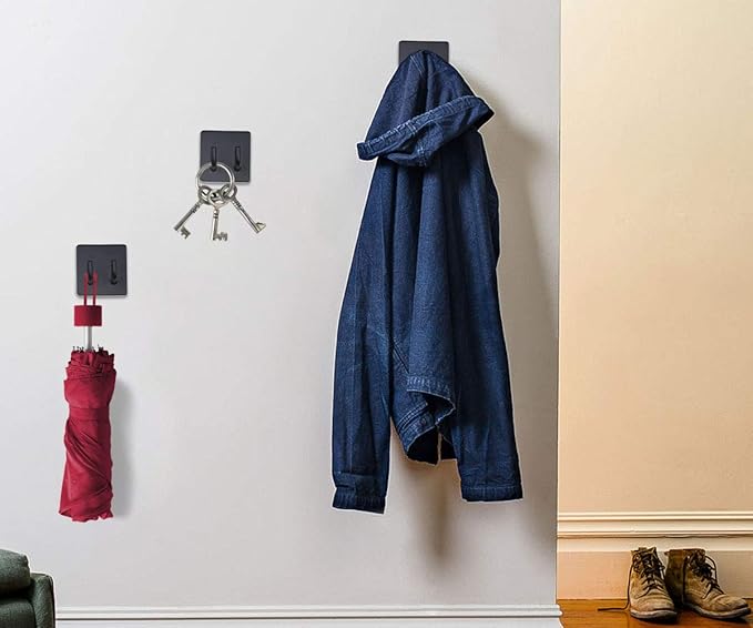 Shower Hooks, Adhesive Wall Hooks for Hanging Keys, Hats, Sticky Bathroom Hooks, Black Towel Hooks, 4 Pack