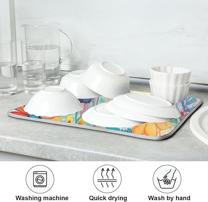 Colorful Beautiful Flowers Dish Drying Mat for Kitchen Counter Absorbent Microfiber Drying Pad, Medium 16x18 in, Reversible Drainer Mats