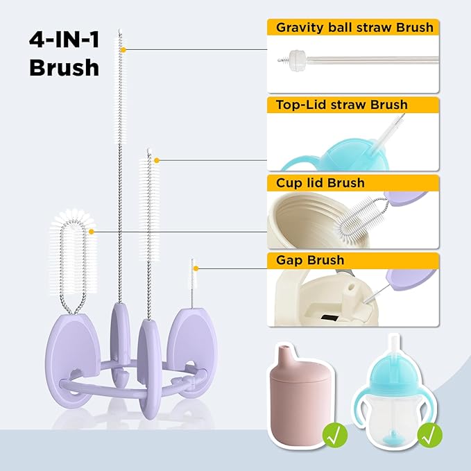 Baby Straw Brush Set, 4 Piece Cleaner Kit with Standable Key Ring for Sippy Cups, Weighted Straw Cups & Baby Bottles – Designed for 0–24 Months, Purple