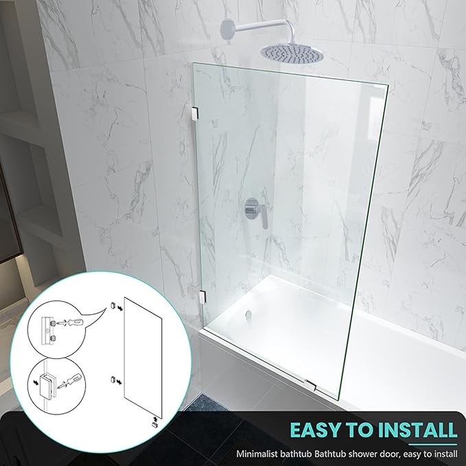 34" W x 58" H Frameless Single Fixed Bath Panel, Fixed Bathtub Screen with Clamps, 1/4" Clear Glass, Bathroom Shower Door Screen Fixed Tub Shower Glass Door Panel, Silver