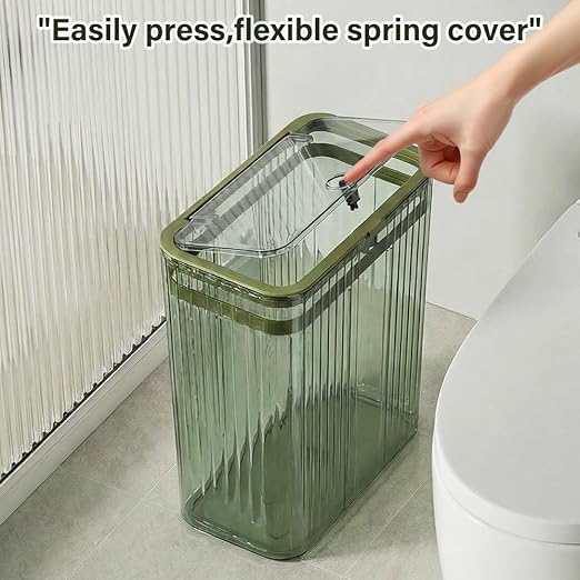 Bathroom Trash Can with Lid3.5 Gallon Garbage Can，for Bedroom, Office, Plastic Slim Waste Basket with Press Top Lid, 15l Clear Trash Bin for Home Slim Trash Bin Clear, Kitchen （Green）
