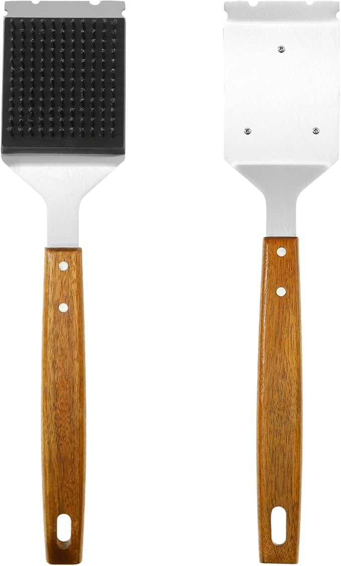 2Pcs Grill Cleaning Brush Set Ergonomic BBQ Brush and Scraper with Wooden Extended Handle Barbecue Cleaning Tool for Barbecue Grill