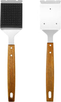 2Pcs Grill Cleaning Brush Set Ergonomic BBQ Brush and Scraper with Wooden Extended Handle Barbecue Cleaning Tool for Barbecue Grill