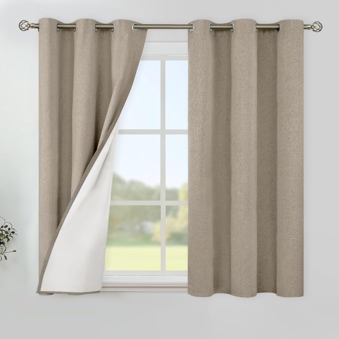 YoungsTex Taupe Burlap Linen 100% Blackout Curtains 48 Inch Length for Bedroom, Short Tan Thermal Insulated Black Out Drapes with Grommet for Bathroom Kitchen Windows, 2 Panels, 42 X 48 Inch
