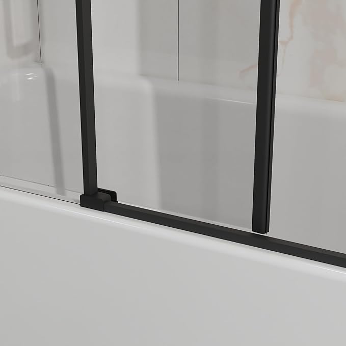 Semi-Frameless Sliding Bathtub Door 60" W x 58" H, 1/4" Clear Tempered Glass, Reversible Installation, Stainless Steel Hardware, Matte Black Finish, Space-Saving Glass Tub Shower Door for Bathrooms