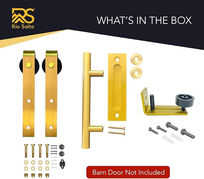 Rio Salto Brushed Gold Barn Door Hardware Set – Inc. Sliding Barn Door Rollers, Floor Guide Wall Mount, 12" Hand Pull Handle – Fits 1 3/8" & 1 3/4" Door Panels Supports 170 lbs – Track Not Included
