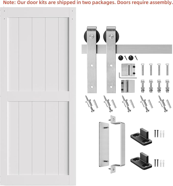 SmartStandard 38 x 84 inch White Sliding MDF Barn Door with 6.6FT Brushed Nickel Sliding Door Hardware Kit & Handle, Pre-Drilled Ready to Assemble, Waterproof PVC Coating, H-Frame