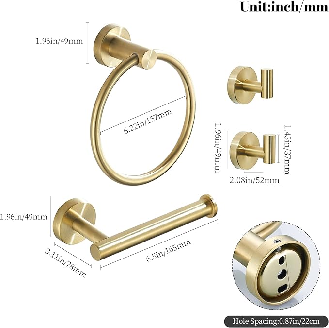 Gold Bathroom Hardware Set, Brushed Gold Toilet Paper Holder Towel Ring and 2 Robe Hook Bathroom Accessories Hand Towel Holder Kit Wall Mount Stainless Steel, 4 Pieces