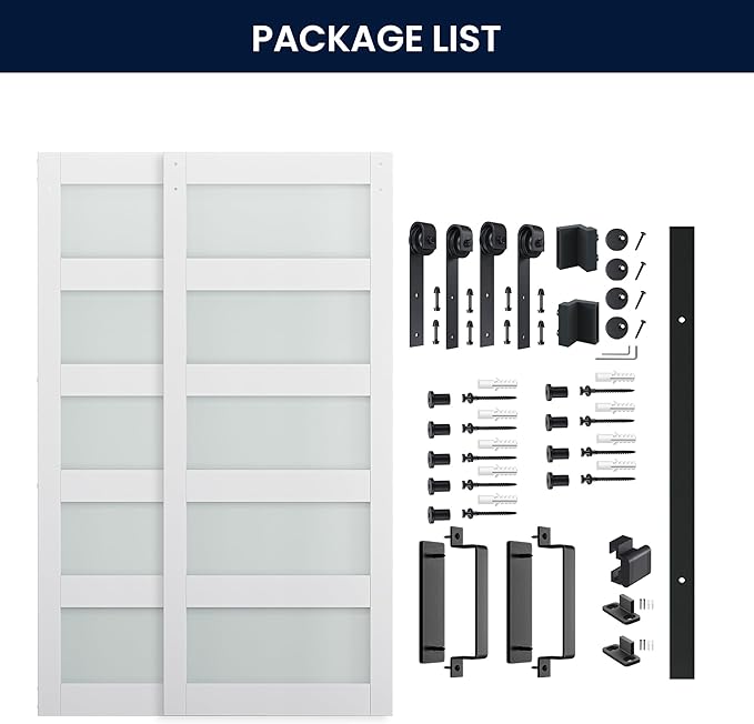 SmartStandard 68 x 84 in (Double 34×84 Door) Glass Barn Door with 12FT Sliding Hardware Kit & Handle, Pre-Drilled Ready to Assemble, Waterproof PVC Coating, 5-Panel Glass, White