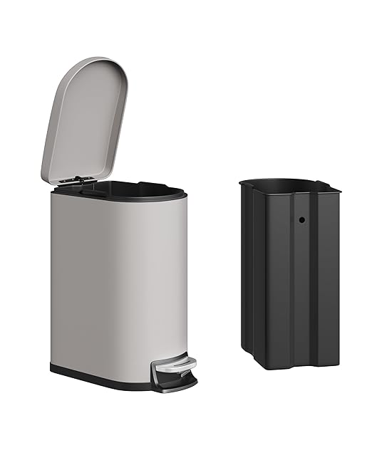 Garvee 2.6 gal / 10 L Metal Bathroom Trash Can with Lid, Slim Waterproof Garbage Can for Bedroom, Small Step-on Trash Bin with Inner Bucket, Rear Handle, Soft Close Lid, Grey