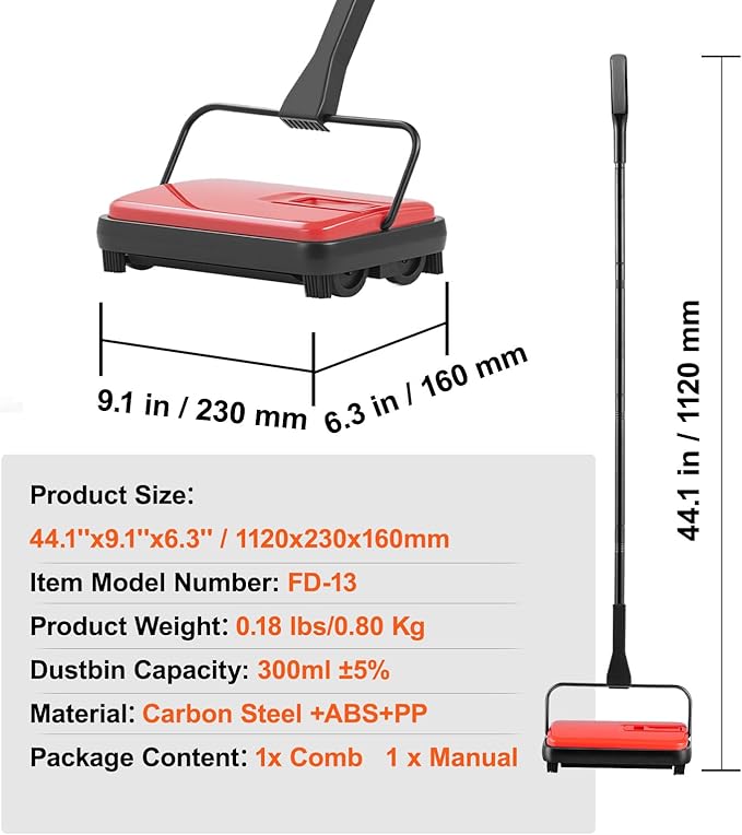 Happybuy Red Manual Carpet Sweeper - 300ml Dustbin, 6.7" Cleaning Width for Pet Hair & Dust on Carpets & Hard Floors, No Power Needed