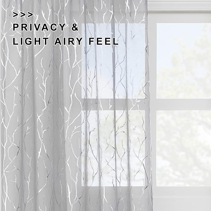 FINECITY Sheer Grey Curtains Silver Tree Branch - Printed Artistic Branches Pattern Rod Pocket Sheer Privacy Voile Drapes 72 Inch Length for Bedroom, 52 x 72 Inch, 2 Panels