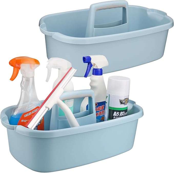 Cleaning Supplies Caddy, 2 Pack Cleaning Supply Organizer with Handle, Plastic Bucket for Cleaning Products, Tool Storage Caddy, Blue