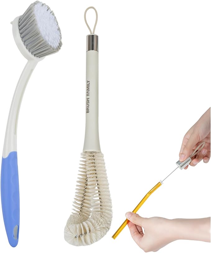 2 Pack Kitchen Scrub Brush, 2 in 1 Water Bottle Brush with Removable Straw Cleaner Dish Scrub Brush with Scraper Tip for Dishes, Pans, Bottle, Cups, Pot, Sink
