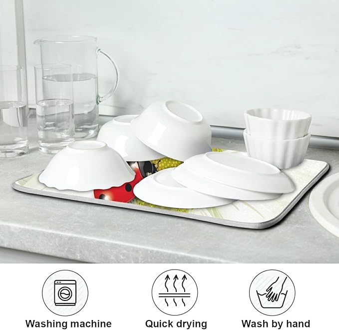 Tarity White Daisy Dish Drying Mat for Kitchen Counter Absorbent Heat Resistant Microfiber Dishes Drainer Mat 18x24 in Dish Pad Sink Mat Protective Pad Kitchen Decor