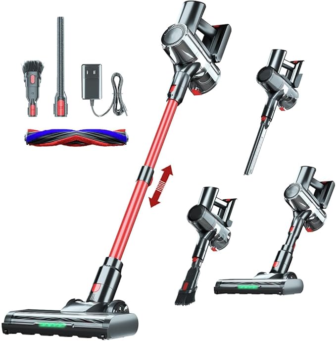 Cordless Vacuum Cleaner, 48Kpa Strong Suction, 50Mins Runtime, Anti-Tangle Brush Roll, 4-in-1 Lightweight Stick Vacuum for Hard Floor Carpet Pet Hair, with LED Display & Wall Mount Charging