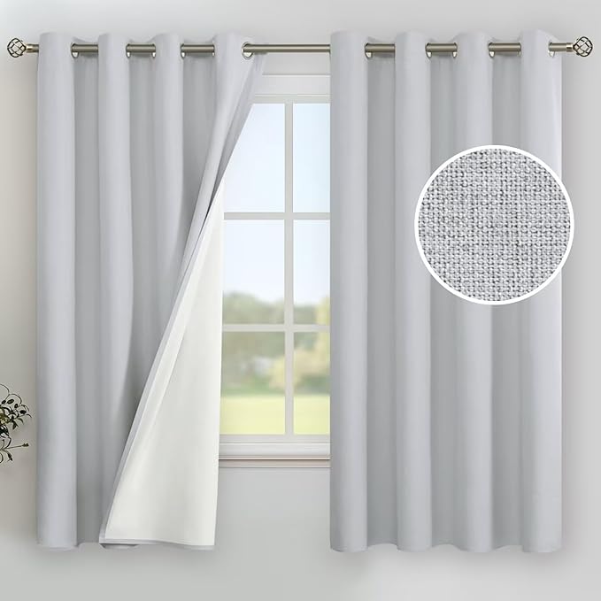 YoungsTex Light Grey Linen Blackout Curtains 63 Inch Length for Bedroom, Thermal Insulated Winter Drapes with Grommet Room Darkening for Living Room, 2 Panels, 52 X 63 Inch