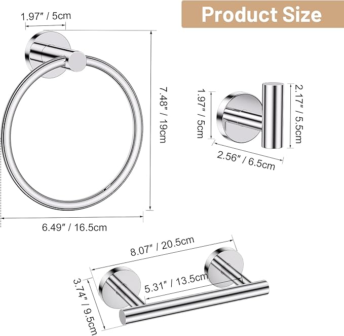 Polished Chrome Bathroom Hardware Set, 4-Piece Towel Holder Set Include Double Bases Toilet Paper Holder,Towel Ring and 2 Towel Hooks Stainless Steel Wall Mounted Bathroom Hardware Accessories Set