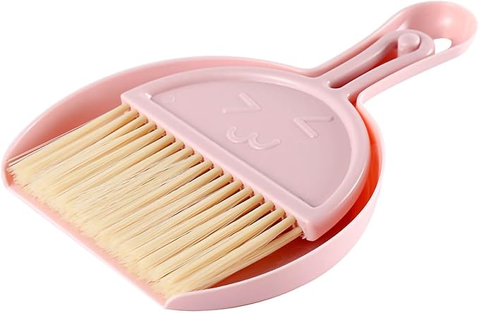 Mini Broom and Dustpan Set for Desk, Small Hanging Keyboard Cleaning Kit with Soft Rubber Dustpan Lip, Portable Desktop Cleaning Tool (Pink)