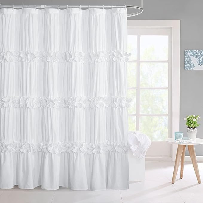 White Ruffle Shower Curtain, 72x78 Long Bathroom Curtain with 12 Buttonholes, Vintage Handcrafted Bow Tie Bath Curtain for Master Bathroom (LQ-10)